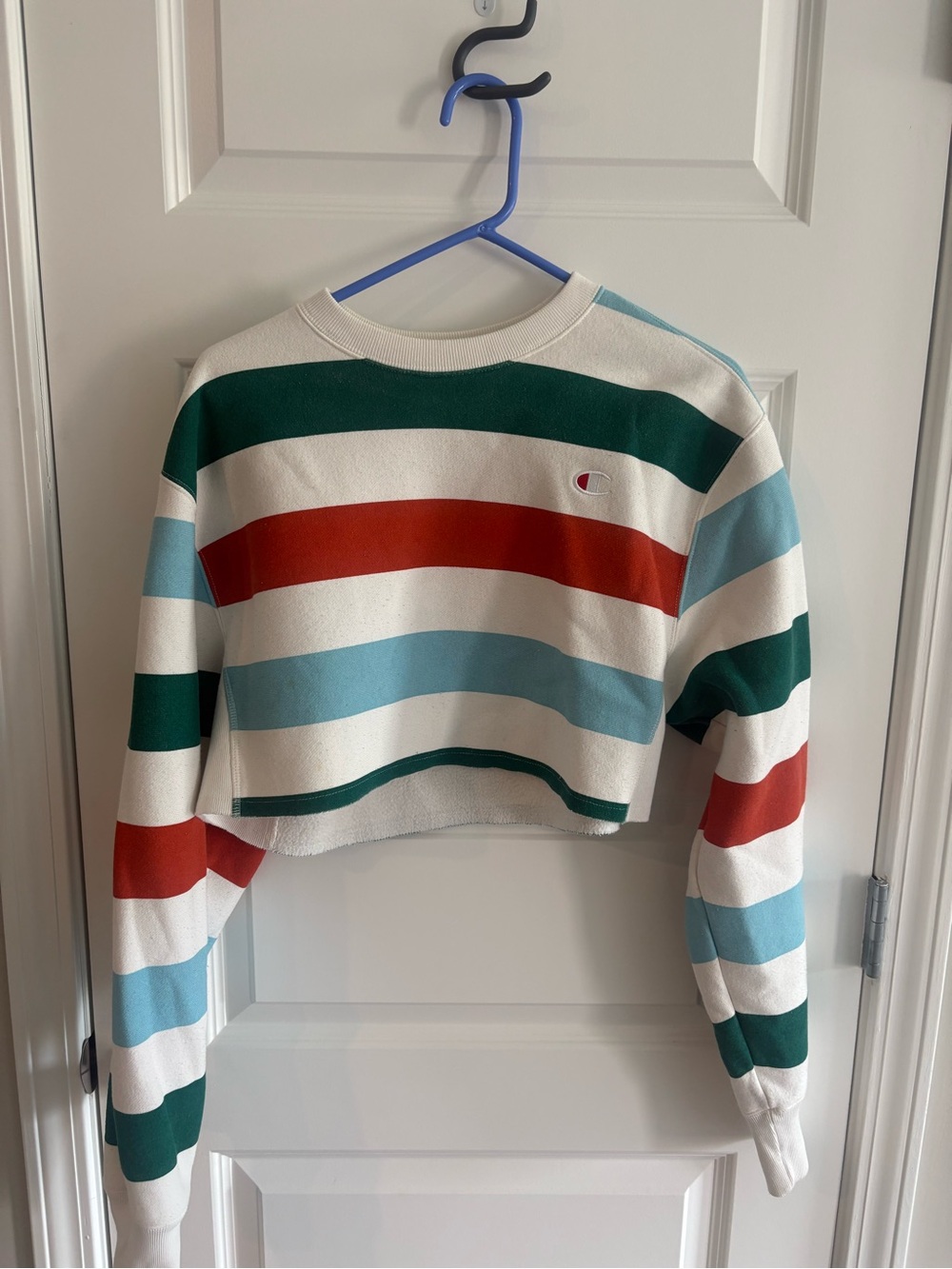Champion Cropped Striped Crewneck Sweatshirt - Cream, Green, Red, Light Blue